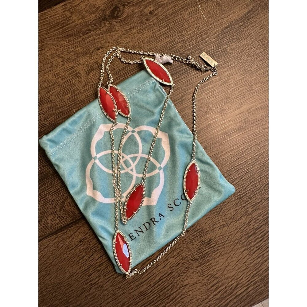 Kendra Scott Tory Marquis Station Long Necklace Gold Translucent Red Stones